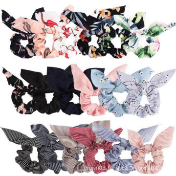 UNIQ scrunchie scarf chiffon set Solid Stripe Flower Color Bow Scrunchies Ponytail ,  Rabbit Bunny Ear BowKnot Scrunchies Hair A